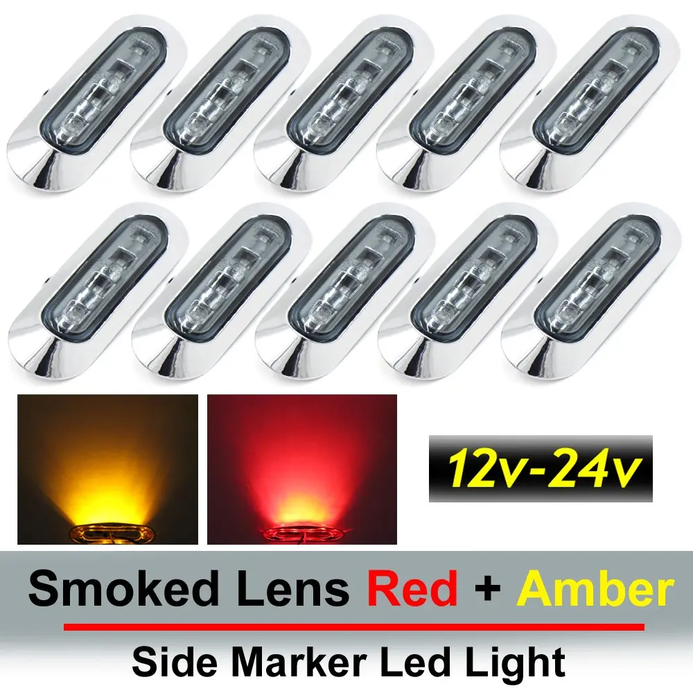 10 pcs TMH 3.6" submersible 4 LED Smoked Lens Red & Amber Side Led Marker ( 5 + 5 ) 10-30v DC , Truck Trailer marker lights, Marker light amber, Rear side marker light, Boat Cab RV