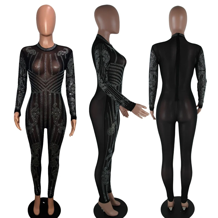 MN034 wholesale mesh long rhinestones shiny jumpsuit sexy women clubwear
