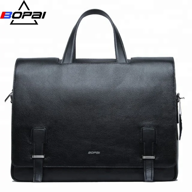 Western Style Fashion Black High Quality Cheap Plain Genuine Leather Notebook Handbag