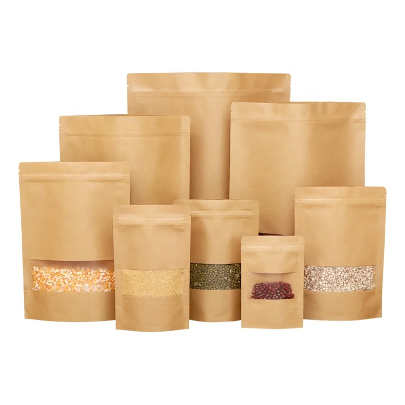 
Wholesale Custom Food Package Window Kraft Paper Zip Lock Bag Stand Up Pouch 