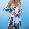 Design Your Own Summer Playsuit Clothing 2018 Hot Women A word shoulder Leaves Printed Romper Casual One Piece Blue Off