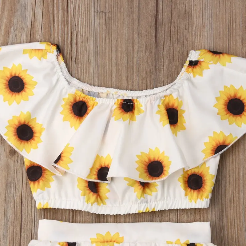 Kids Baby Girl Clothes Set Sunflowers Dress Tops Shorts Dress Headband