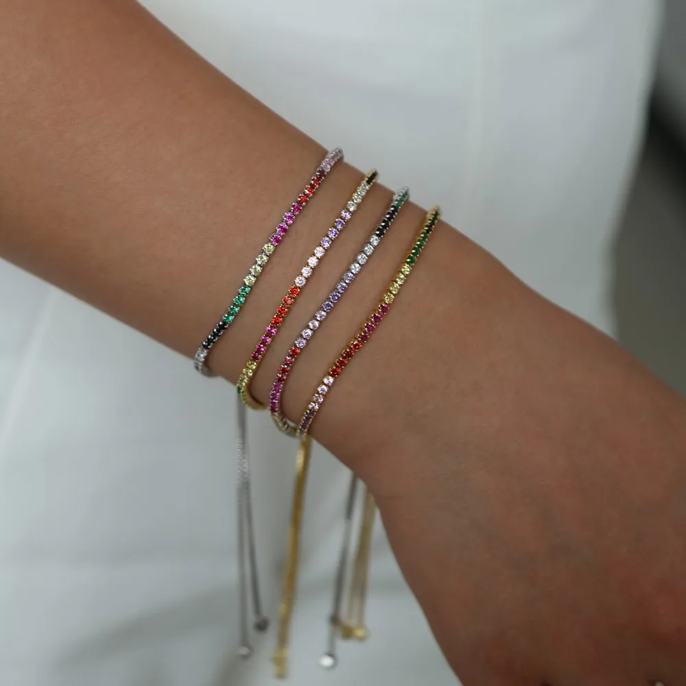 2019 新款彩虹网球手镯多彩立方锆石女士系带链环手镯女孩时尚首饰