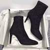 Most Fashionable Slip-on Rubber Sole Sequin Elastic Knit Winter Shoes Women High Heel Ankle Boots