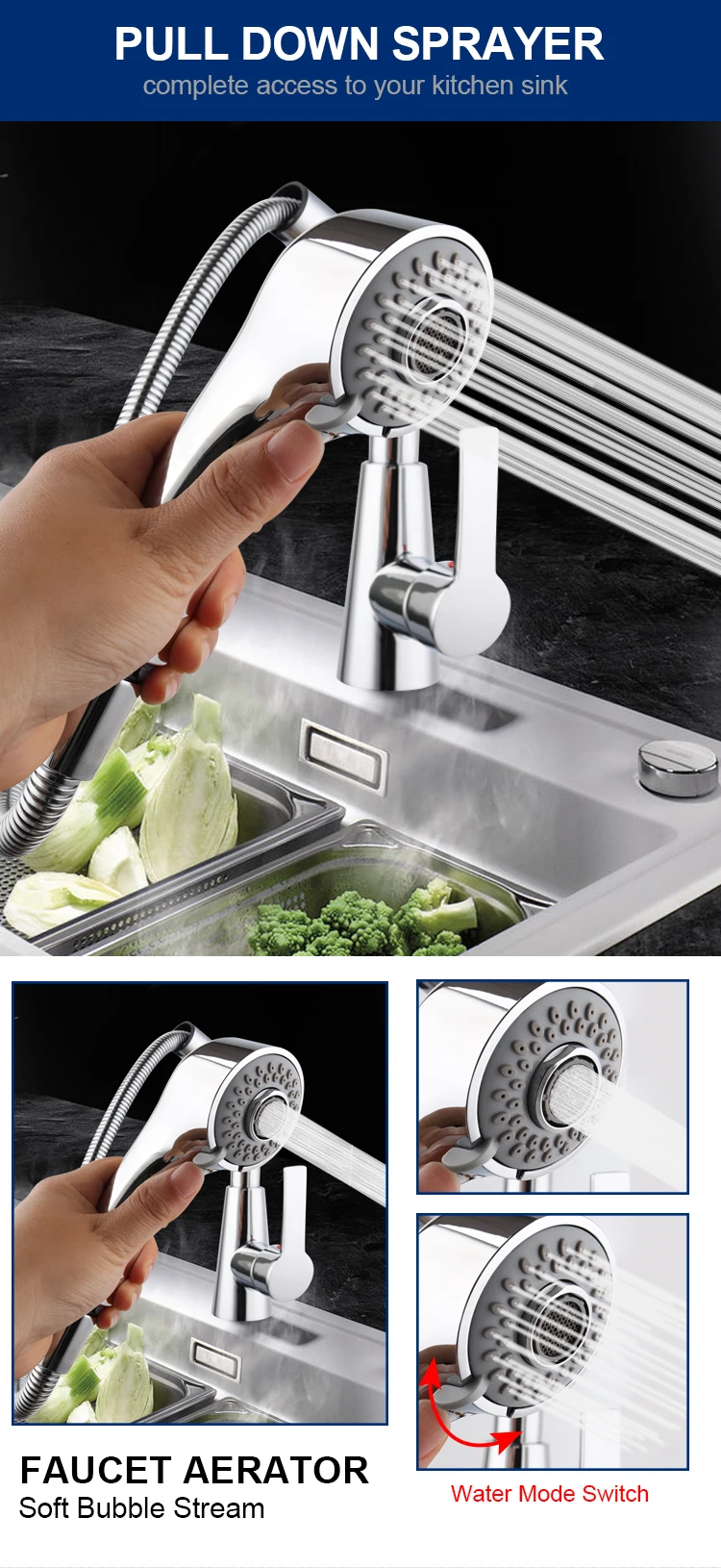 Chrome Single Handle Upc Retractable Pull Out Down Sprayer Kitchen