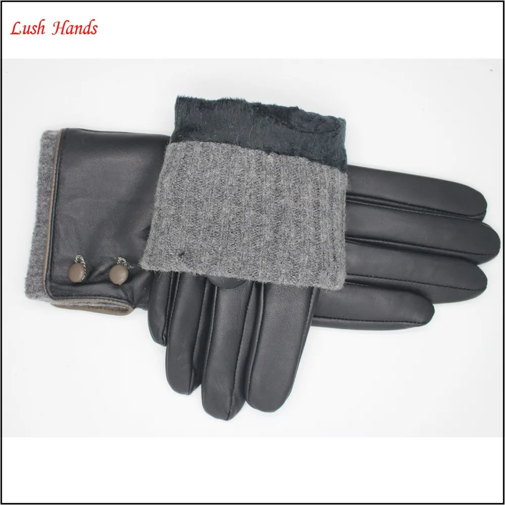 womans fashion buttons knitted woolen cuff genuine sheepskin leather gloves with back stitches