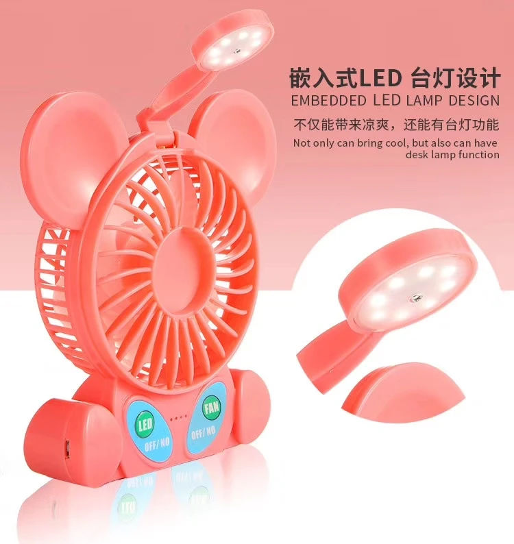 Popular 2019 Portable  Rechargeable Battery  Mickey Mini LED Light Hand Held USB  Lamp Fan