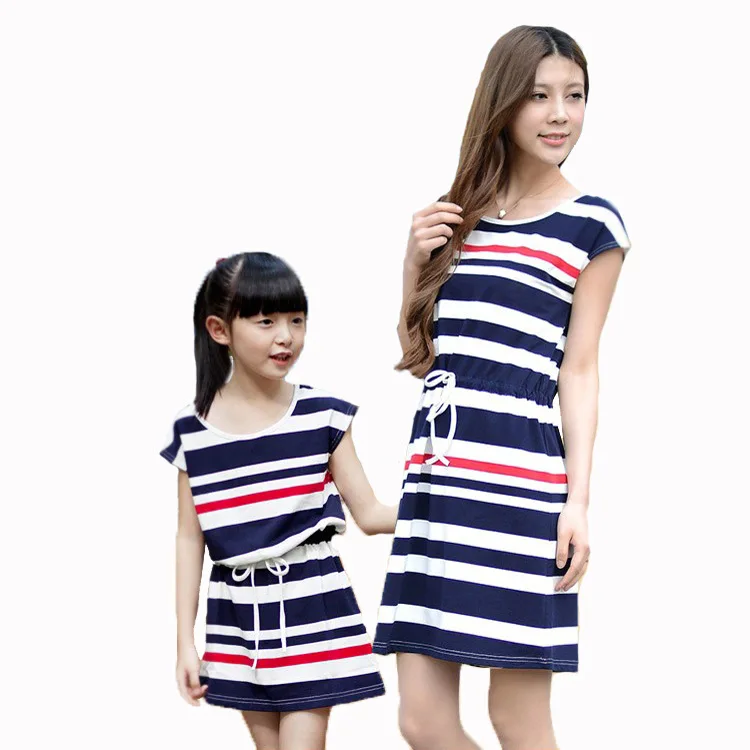 Summer fashion girl striped dress family matching outfits casual short sleeve mom and baby kid mother