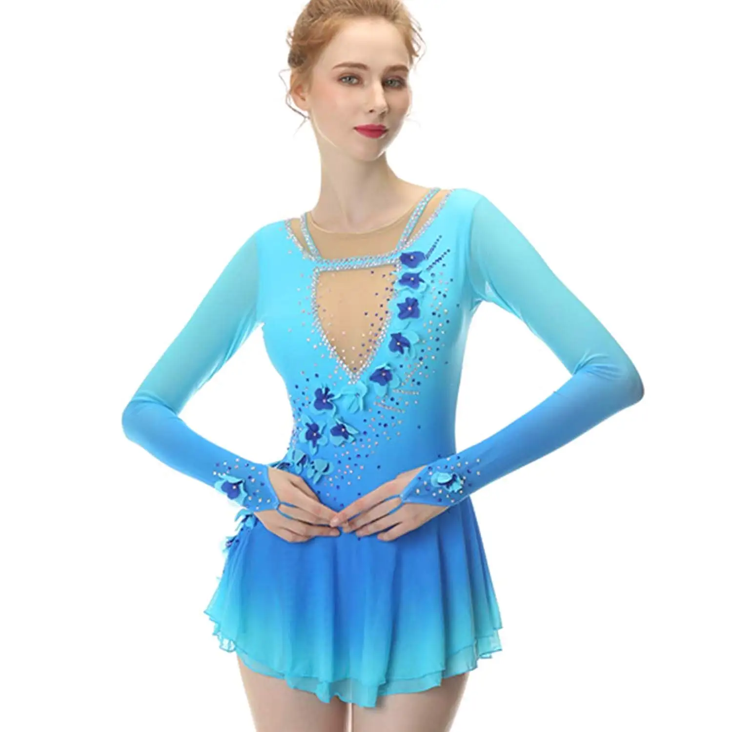 Buy Navy Blue Figure Skating Dress Fingerpoint Sleeves Ice Skating ...