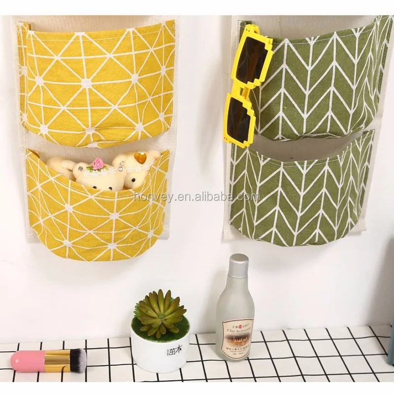 Honvey Wall Hanging Storage Bags Cotton And Linen 3 Pockets Wall Door Closet Hanging Storage Bag
