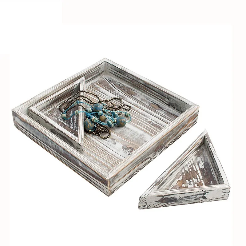 Rustic Square Storage Decorative Display Serving Tray Wood With 2