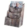 3-Compartment Rustic Torched Wood Desktop Magazine Rack / Document Holder Stand and Organizer