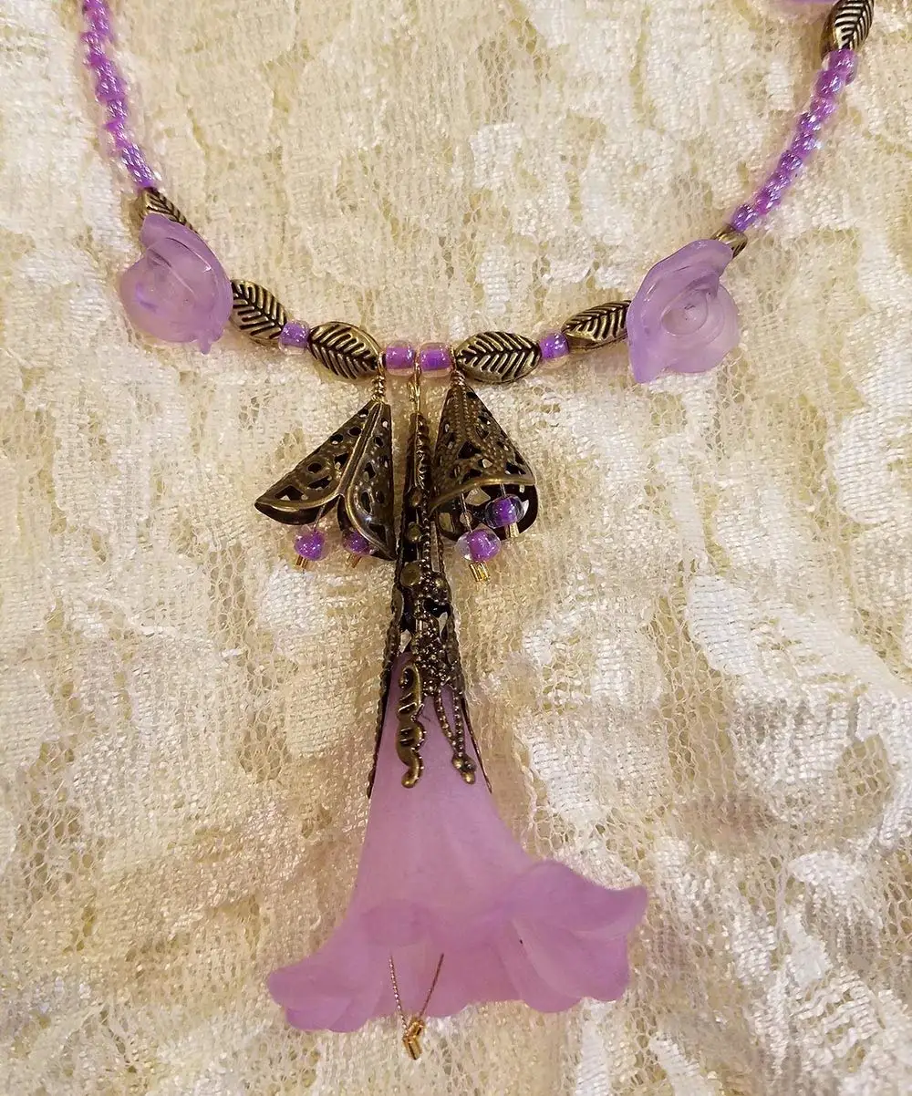 Lavender Beaded Necklace and Earrings Set Trumpet Vine and Rose Antique Gold Filigree
