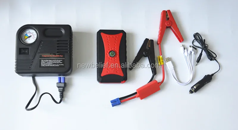 Portable 12 volt emergency car powerbank, 4 USB car jump starter power bank with air compressor