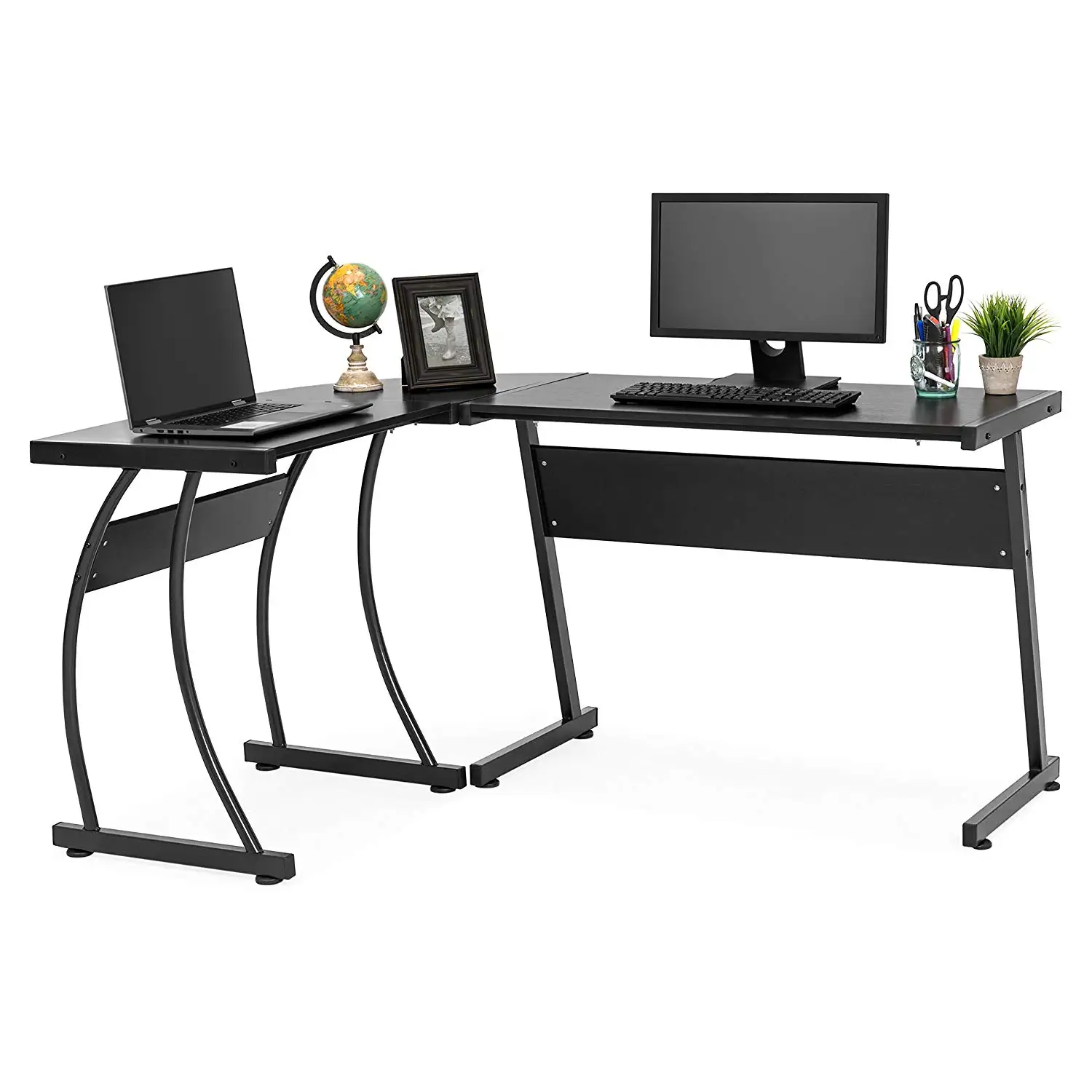 3-Piece Home Office L-Shaped Corner Computer Desk Workstation w/Metal Frame, Foot Pads - Black, Super-Spacious Design Gives Plenty of Working Space, ...
