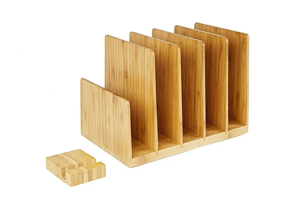 Bamboo File Sorter Desktop Organizer With 5 Vertical Sections & Phone