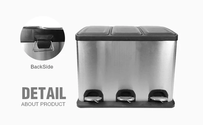 Household rectangular stainless steel foot pedal 3 compartment recycle bin