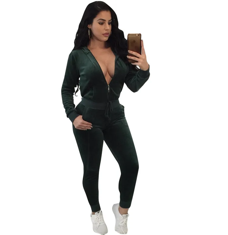 
Custom Logo Hign Quality Long Sleeve V-neck Velour Tracksuit For Women 