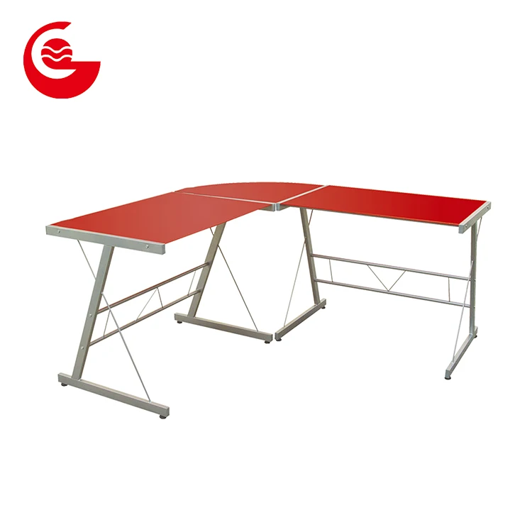 Metal Frame Red Corner L Shaped Computer Desk For Two Computers