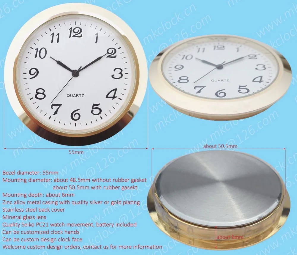 55mm gold plating zinc alloy metal casing quartz clock insert watch ...