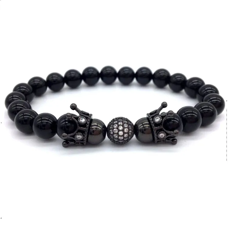 Natural Stone Black Agate Cz Diamond Ball Crown Charm Elastic Beads Natural Stone Black Agate Cz Diamond Ball Crown Charm Elastic Beads Bracelet Bead Band
