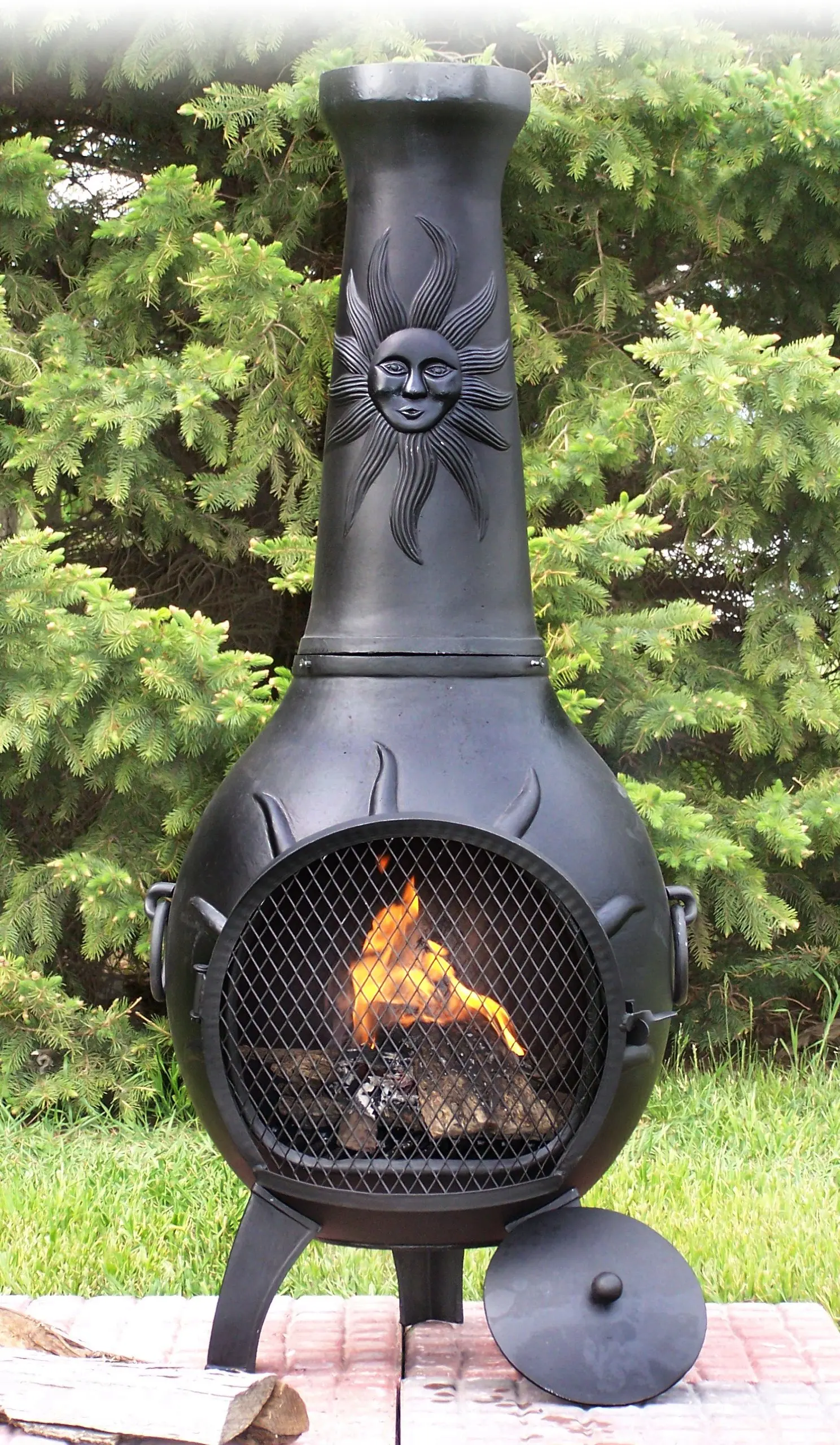 The Blue Rooster Co. Sun Stack Style Cast Iron Wood Burning Chiminea in Cha...