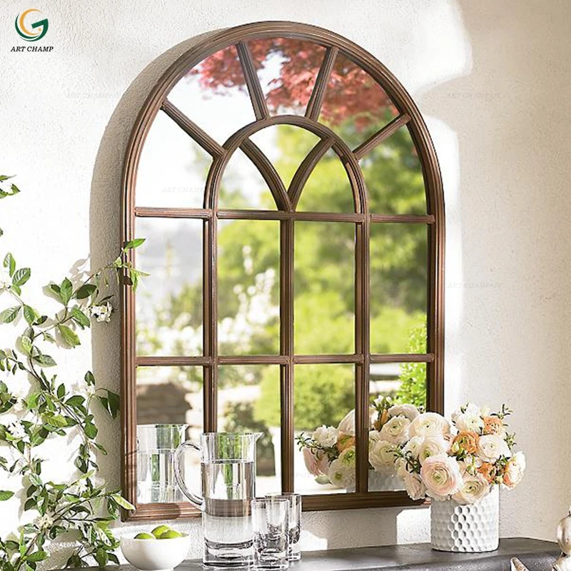 Arch Shape Decorative Garden Window Wood Frame Mirror