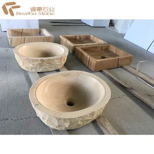 Natural Stone Wooden Sandstone Marble Washing Water Basin Sink For Garden
