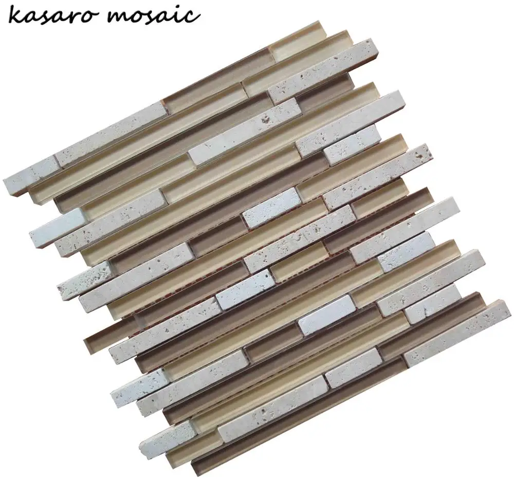 Strip Glass mix Emperador and Travertine Stone Mosaic For Commercial Kitchen Backsplash (KSL6619)