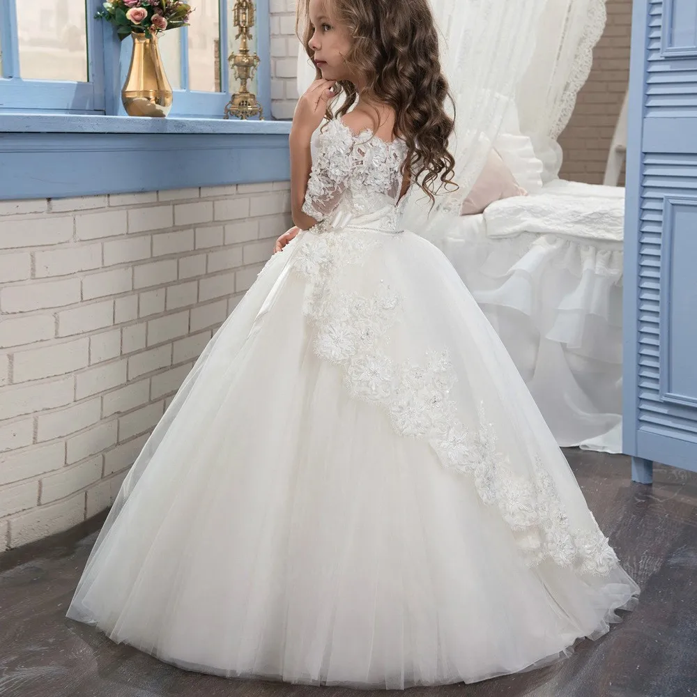 2 3 4 5 6 7 Years Old Children White Color Sleeve Tulle Flower Girl