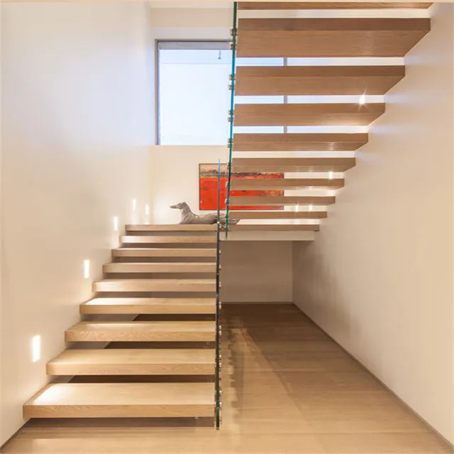 Residential Wood Treads White Risers Floating Stairs Brackets Buy