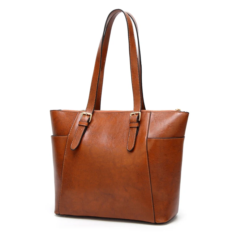 High Quality Design Oil Pu Ladies Leather Tote Bag With Shoulder Belt