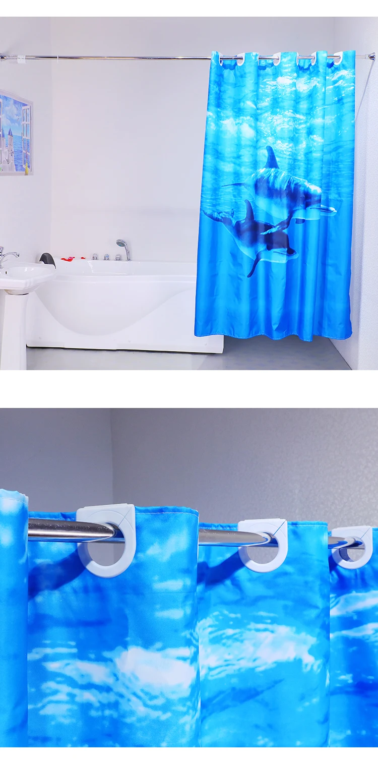 Panel Printed Ocean Style Fish Dolphin Printed Hookless Shower Curtain