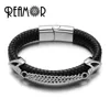 REAMOR 316L Stainless Steel Double Link Mask Charms Cuff Bracelets Bangles 12mm Braided Leather Men Bracelets Luxury Jewelry