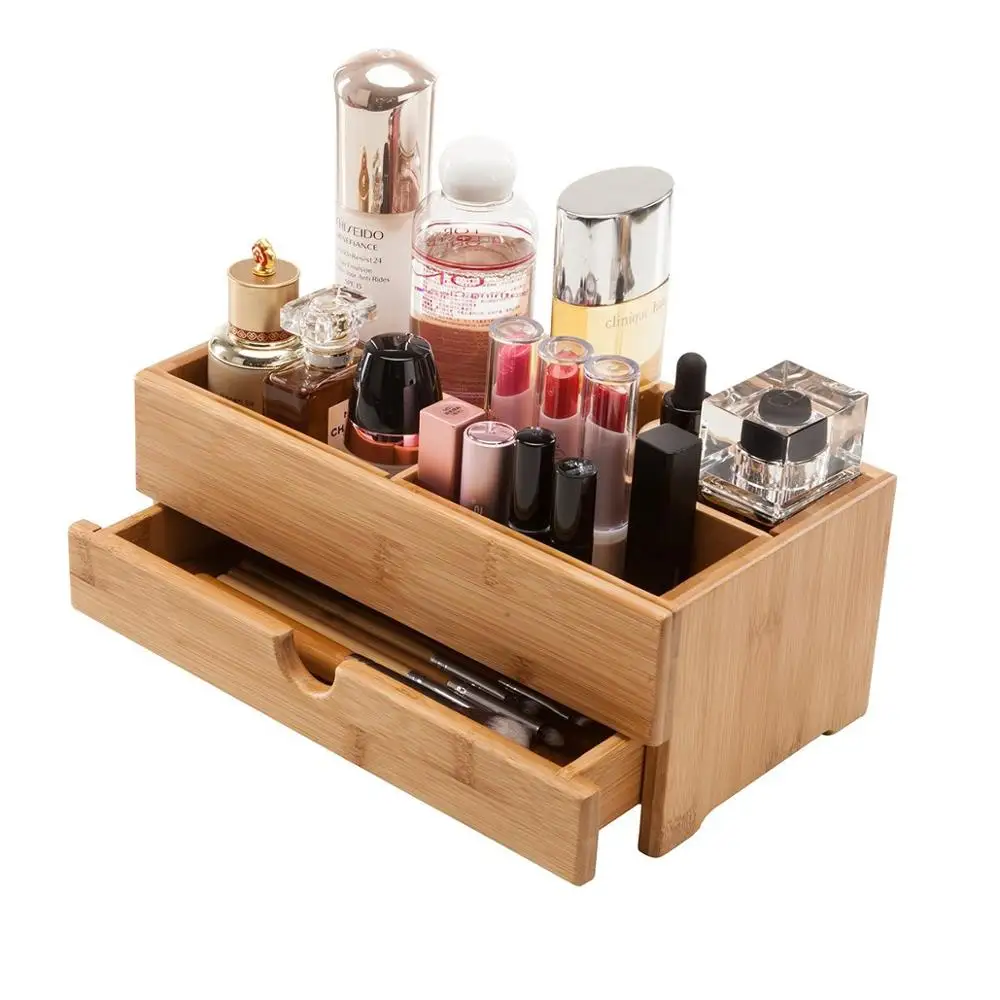 Bamboo Desktop Organizer Wooden Cosmetics Storage Box Make ...
