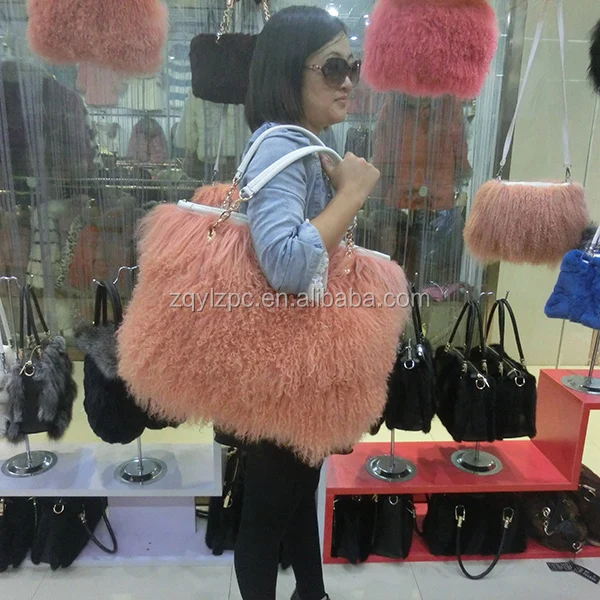 ALICEFUR Long Haired Sheep Fur Shoulder Bag Real Mongolian Lamb Fur Bag
