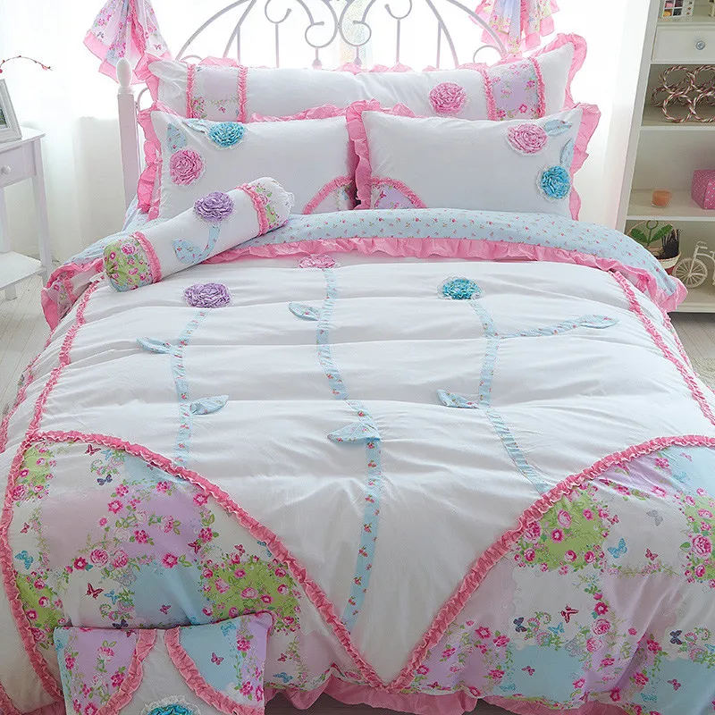 Princess Lace Kids Cotton Bedding Set,Colorful Quilt Padding Bedding