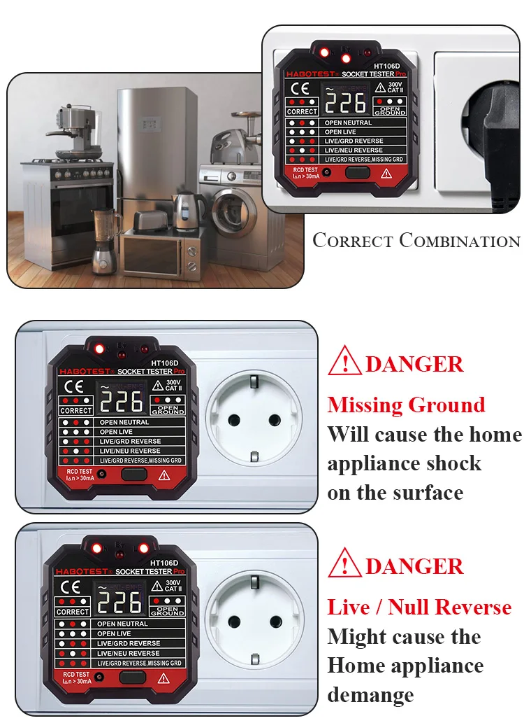 HABOTEST HT106 Socket Tester Pro RCD GFCI Voltage Measurement with LED light indication