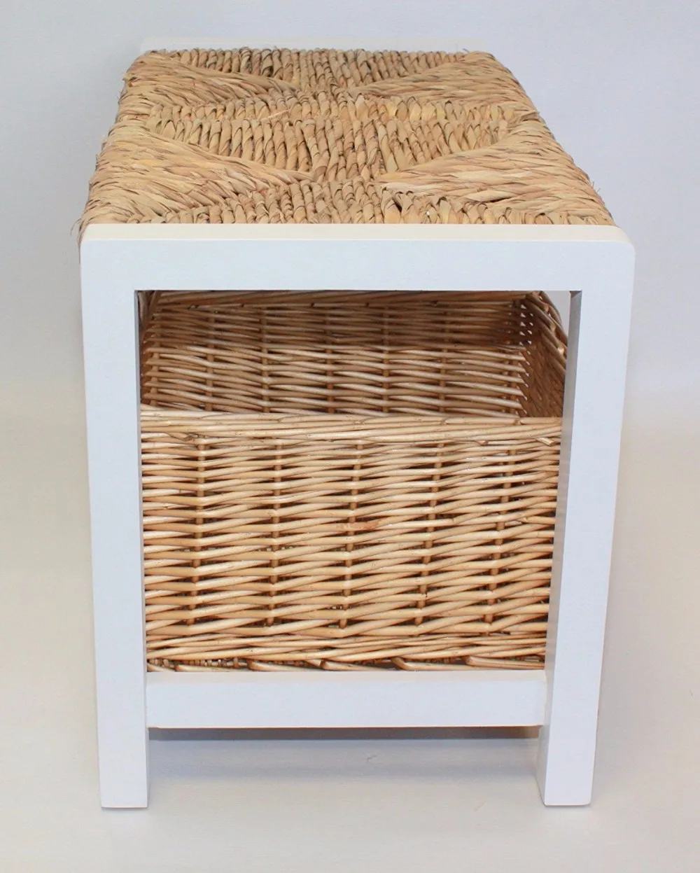 White Two Seater Wooden Storage Bench With Wicker Baskets And