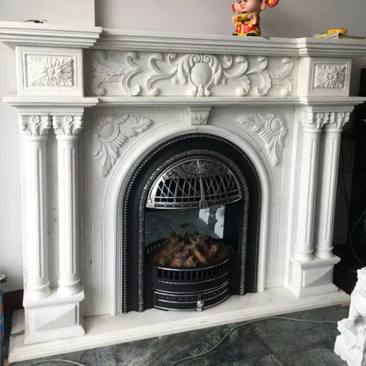 Indoor Freestanding Carved White Marble Decorative Stone Fireplace