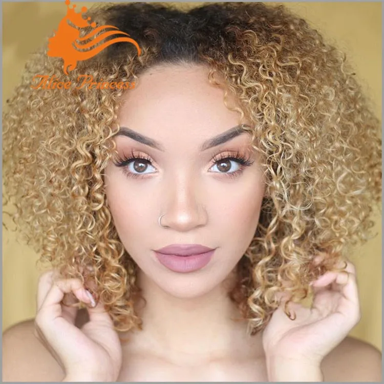 Honey Blonde Kinky Curly Full Lace Wig Ombre Color Wig 4 T 27