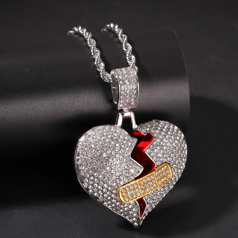 New Broken Heart Pendant Necklace Gold Silver Color Zirconia Hip Hop ...