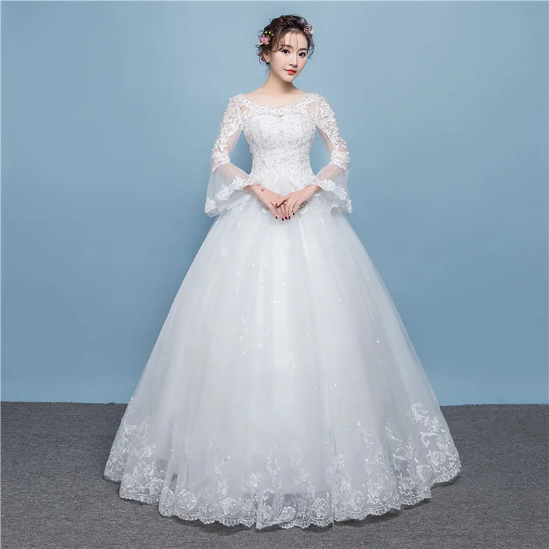 Hot Sale Korea Style Long Horn Sleeve Lace Flower Floor Length