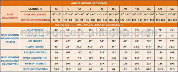 Abaya Size Chart Uk