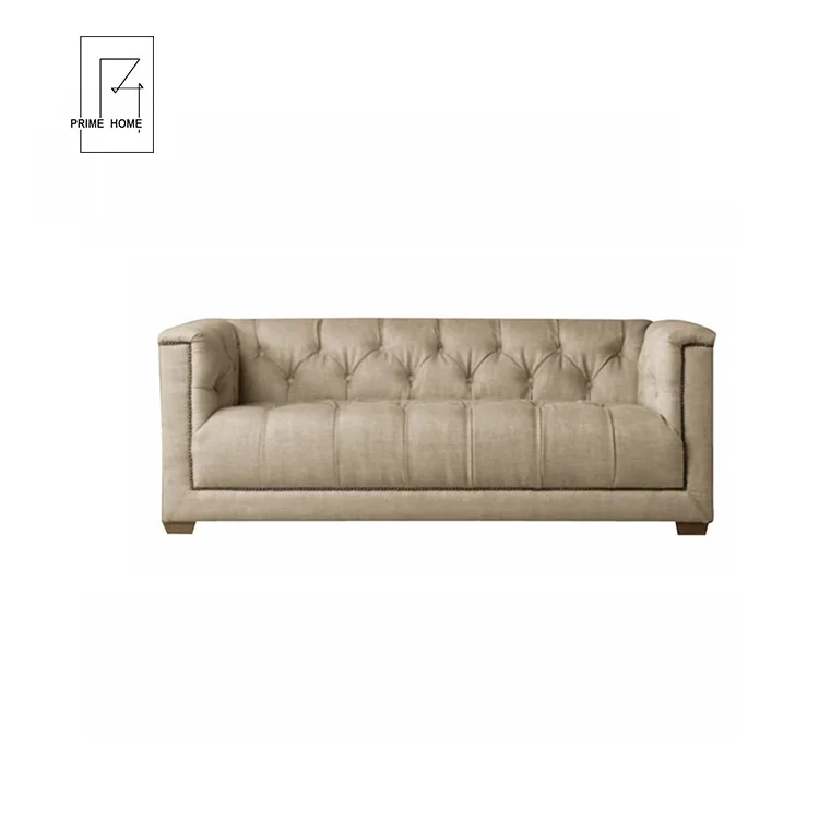 French Beige Linen Fabric Chesterfield Love Seat Sofa Wide French Beige Linen Fabric Chesterfield