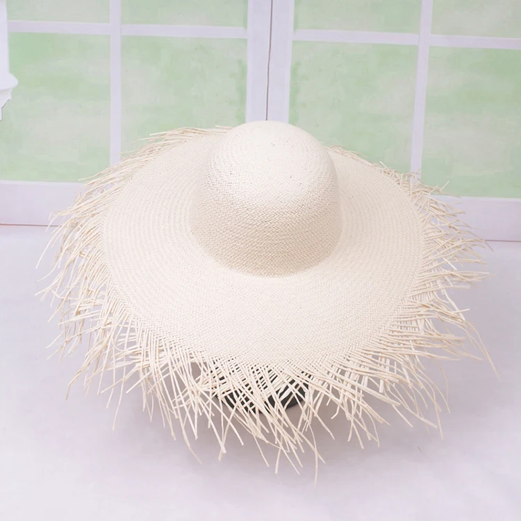 Women Rough Edge Paper Straw Hat Super Extra Large Wide Brim Straw