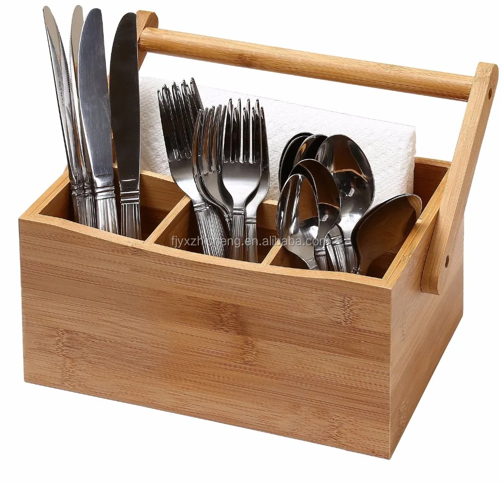 Bamboo Silverware Flatware Caddy Organizer For Kitchen Countertop