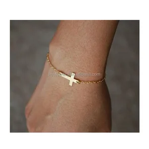 Factory direct supply custom jewelry tiny chain 18k gold cross bracelet charm for women