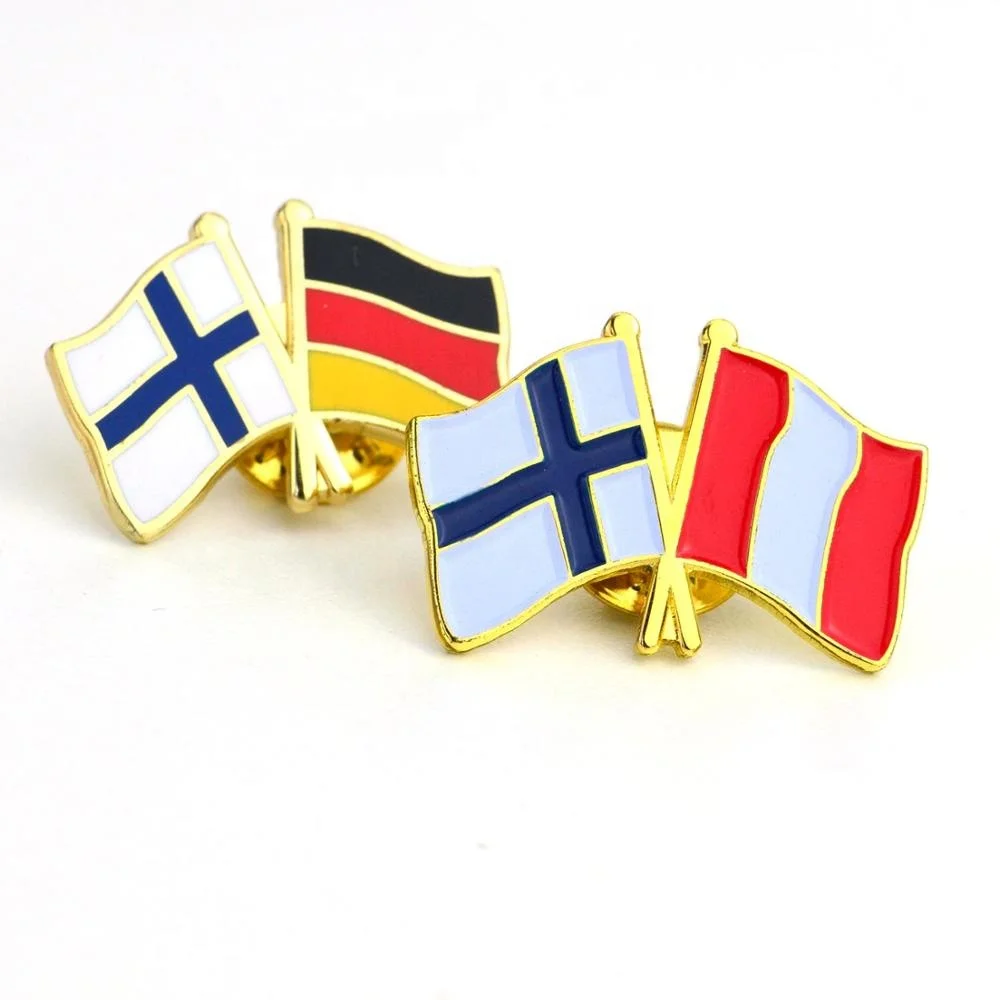 No Minimum Custom Oem Made Metal Crossed Two Country National Gold Double Flag Lapel Badge Pin Enamel Color