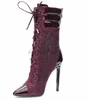2017 girls pointed toe hand placed crystal fashion high heel lace up ankle boots